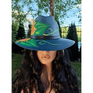 Dark Blue Fedora Art Hand-Painted High-Quality Floral Hat from Mexico‎